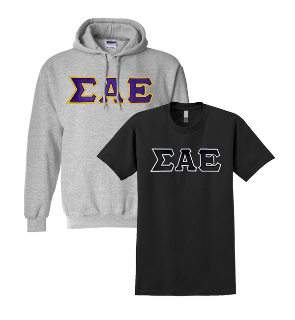 Fraternity Greek Letter Gildan T-shirt Hoodie Package Satin Stitch Sewn on Greek Letters