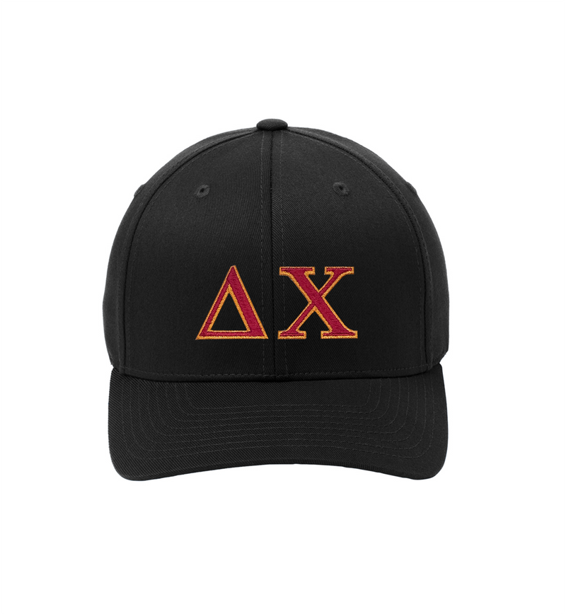 Embroidered Greek Letters of your choice across the front of Flexfit Twill Cap. Customize for with your fraternities or sororities Greek letters