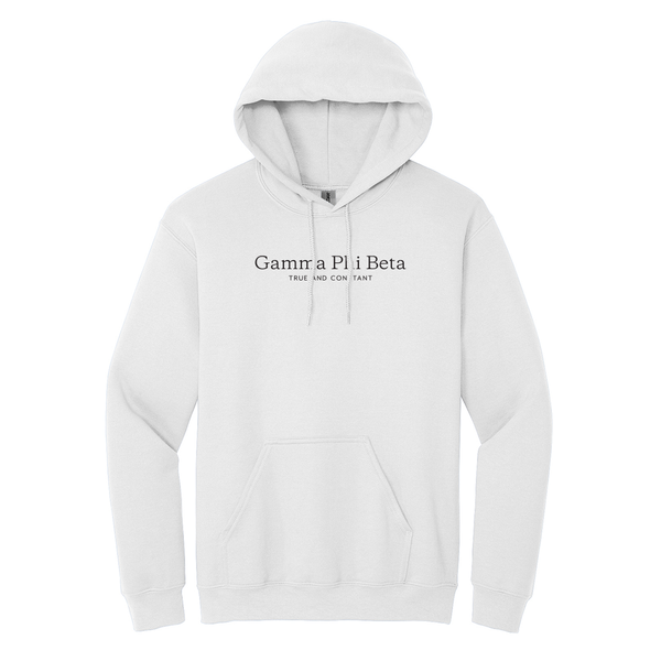 Wear your Gamma Phi Beta Wordmark with grace in this timeless appeal Gildan hoodie. It features your beautiful ΓΦΒ Wordmark meticulously embroidered on the center chest in black