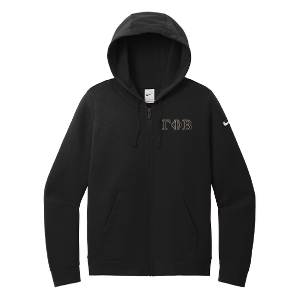 Gamma Phi Beta Sorority embroidered Greek letters on a high quality Nike Ladies Club Fleece Sleeve Swoosh Full-Zip Hooded Sweatshirt