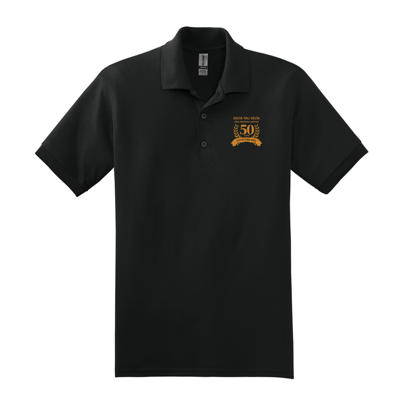 Custom embroidered Delta Tau Delta 50 year anniversary Gildan polo. High quality embroidery located on the left chest to commemorate the 50 year anniversary of Delta Tau Delta at the University of Central Florida.&nbsp;