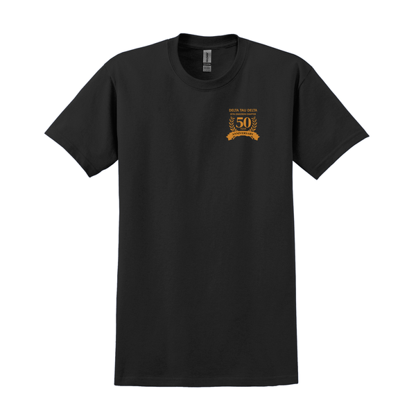 Custom embroidered Delta Tau Delta 50 year anniversary t-shirt. High quality embroidery located on the left chest to commemorate the 50 year anniversary of Delta Tau Delta at the University of Central Florida.