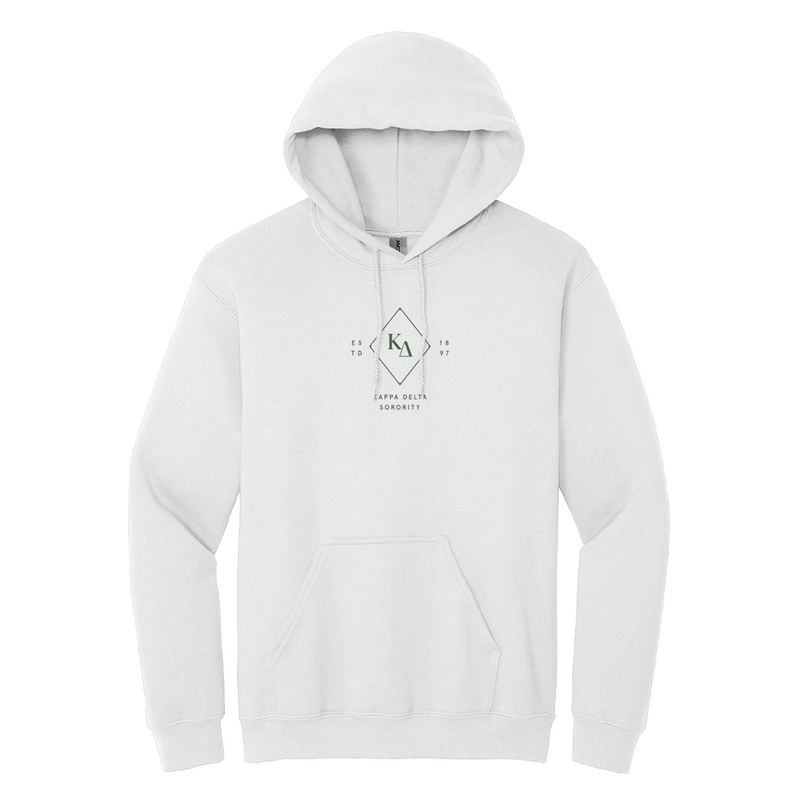 Wear your Kappa Delta Greek letters with grace in this timeless appeal Gildan hoodie. It showcases your cherished ΚΔ Diamond embroidered in dark green on the center chest.