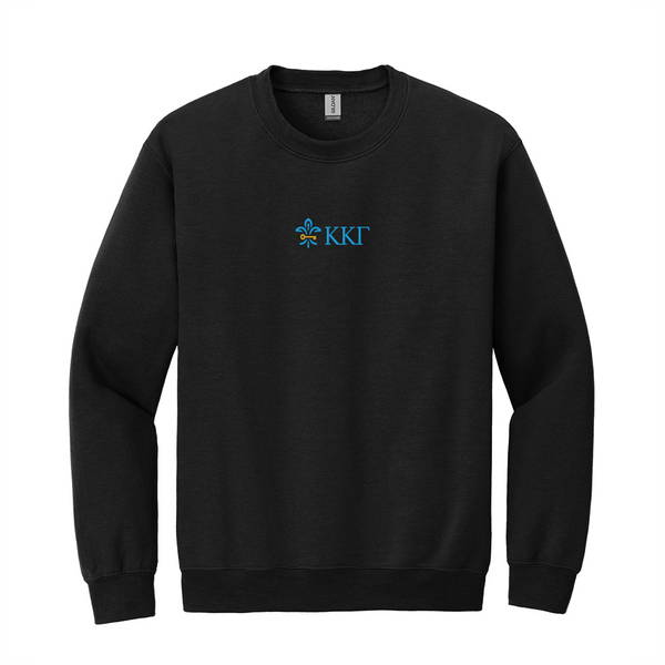 Wear your Kappa Kappa Gamma letters with aspiration in this enduring style Gildan crewneck sweatshirt. It features your beautiful ΚΚΓ Horizontal Fleur De Key design meticulously embroidered on the center chest in blue and gold