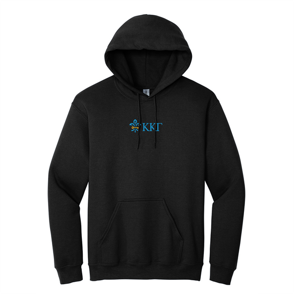 Wear your Kappa Kappa Gamma letters with aspiration in this enduring style Gildan hoodie. It features your beautiful ΚΚΓ Horizontal Fleur De Key design meticulously embroidered on the center chest in blue and gold