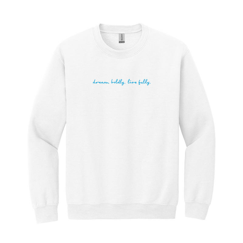 Wear your Kappa Kappa Gamma letters with aspiration in this enduring style Gildan crewneck sweatshirt. It features your beautiful ΚΚΓ Dream Boldly Live Fully design meticulously embroidered on the center chest in blue.