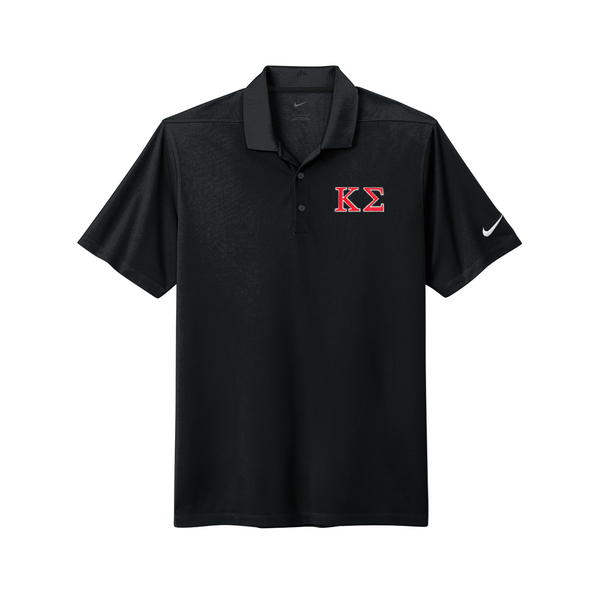 Kappa Sigma Fraternity Greek Letter Embroidered Nike Polo Shirt. Embroidered Greek letters will be Kappa Sigma. Greek letters are sewn on the left chest in the product image.