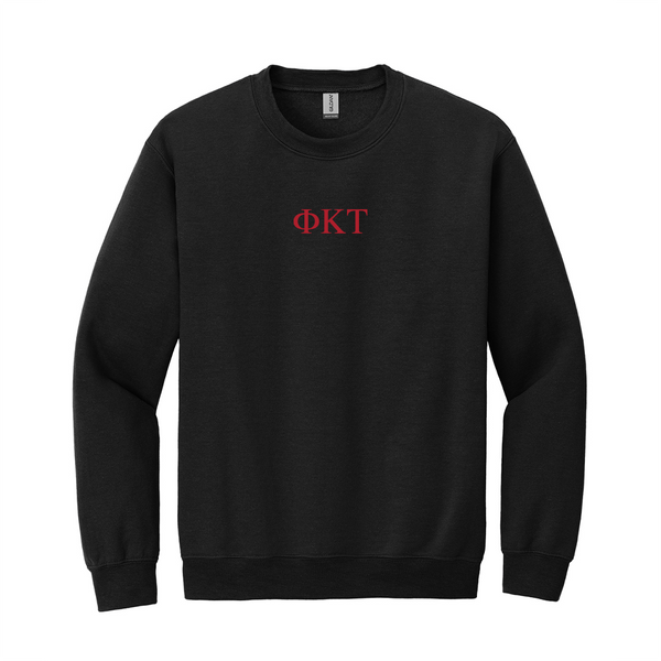 Wear your Phi Kappa Tau letters with grace in this timeless appeal Gildan crewneck sweatshirt. It features your distinctive ΦΚΤ Greek letters meticulously embroidered on the center chest in red.