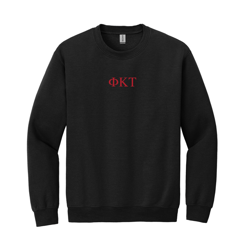 Wear your Phi Kappa Tau letters with grace in this timeless appeal Gildan crewneck sweatshirt. It features your distinctive ΦΚΤ Greek letters meticulously embroidered on the center chest in red.