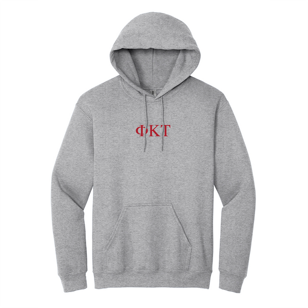 Wear your Phi Kappa Tau letters with timeless appeal with this Greek letter Gildan hoodie. It features your distinctive ΦΚΤ Greek letters meticulously embroidered on the center chest in red.