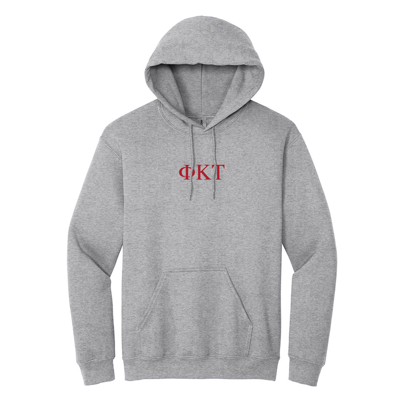Wear your Phi Kappa Tau letters with timeless appeal with this Greek letter Gildan hoodie. It features your distinctive ΦΚΤ Greek letters meticulously embroidered on the center chest in red.