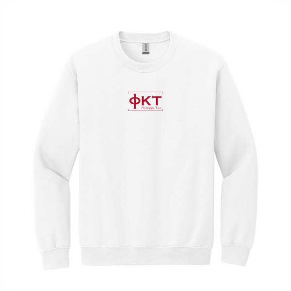 Wear your Phi Kappa Tau letters with grace in this timeless appeal Gildan crewneck sweatshirt. It features your distinctive ΦΚΤ Logotype design meticulously embroidered on the center chest in red.