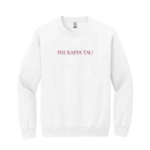 Wear your Phi Kappa Tau letters with grace in this timeless appeal Gildan crewneck sweatshirt. It features your distinctive ΦΚΤ Wordmark meticulously embroidered on the center chest in red.