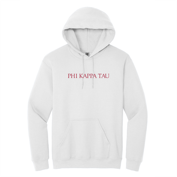 Wear your Phi Kappa Tau letters with grace in this timeless appeal Gildan crewneck sweatshirt. It features your distinctive ΦΚΤ Wordmark meticulously embroidered on the center chest in red.