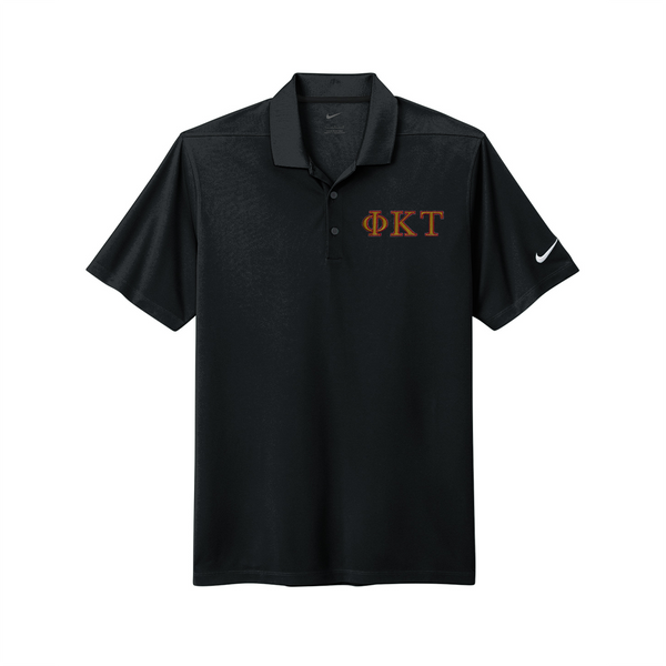 Showcase your Phi Kappa Tau brotherhood with this classic embroidered Nike polo. It features your cherished ΦΚΤ Greek letters subtly embroidered on the left chest for a polished look