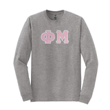 Phi Mu Sorority Sewn on Greek Letter Gildan Long Sleeve T-shirt