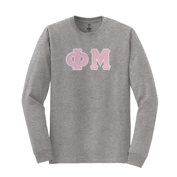 Phi Mu Sorority Sewn on Greek Letter Gildan Long Sleeve T-shirt