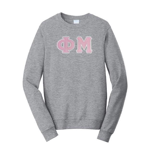 Premium Phi Mu Sorority Satin Stitch Sewn on Greek Letter Fan Favorite Port and Company Crewneck Sweatshirt