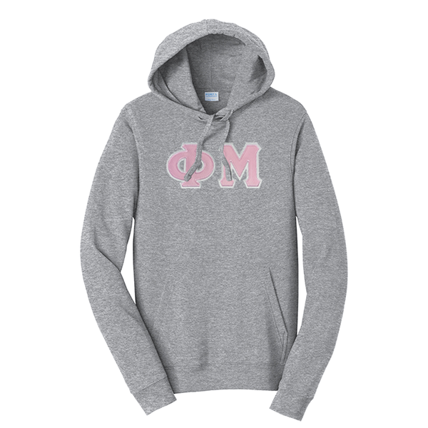 Premium Phi Mu Sorority Satin Stitch Sewn on Greek Letter Fan Favorite Port and Company Hoodie