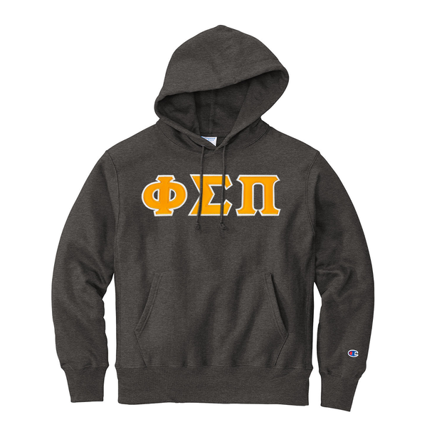 Represent your Phi Sigma Pi affiliation with this sharp Champion Reverse Weave Hooded Sweatshirt. Your distinguished ΦΣΠ Greek letters are sewn on with high-quality satin stitching for a polished, and premium appearance.