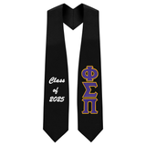 Custom Phi Sigma Pi Fraternity Tackle Twill Greek Letter Graduation Stole. For Phi Sigma Pi Fraternity. Customize the stole color, as well as the Greek letter colors, and graduation year. Greek letters are sew onto the left side of stole