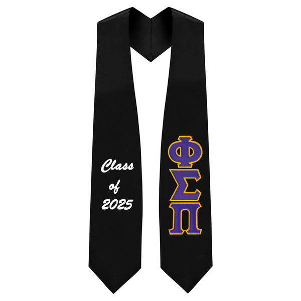 Custom Phi Sigma Pi Fraternity Tackle Twill Greek Letter Graduation Stole. For Phi Sigma Pi Fraternity. Customize the stole color, as well as the Greek letter colors, and graduation year. Greek letters are sew onto the left side of stole