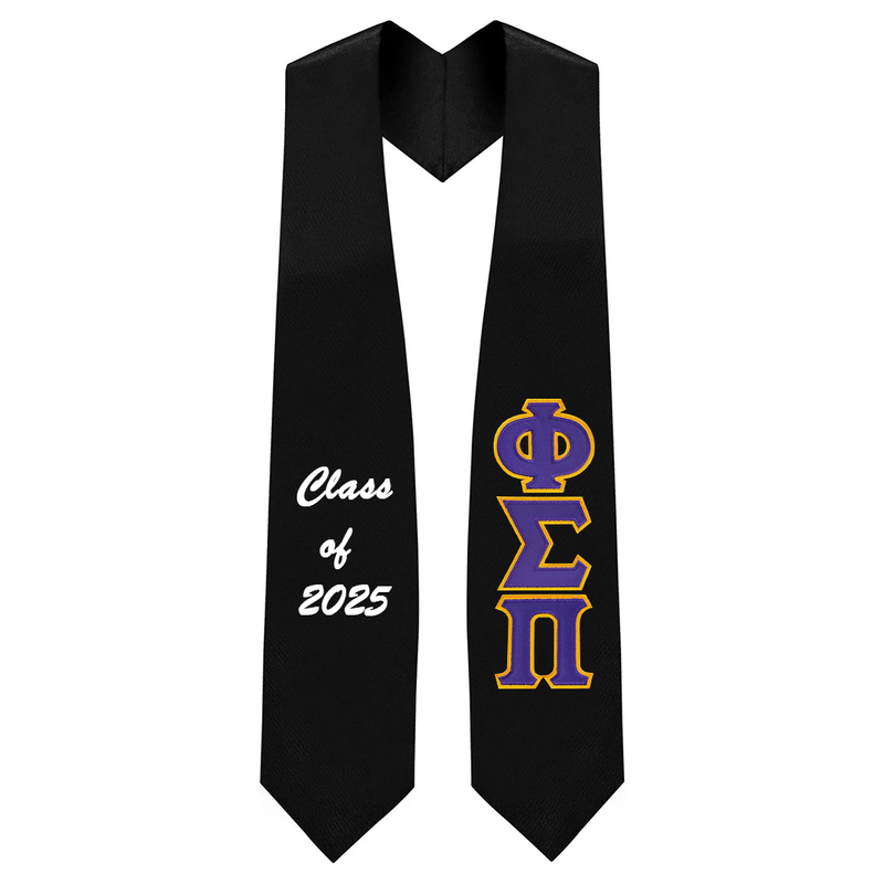 Custom Phi Sigma Pi Fraternity Tackle Twill Greek Letter Graduation Stole. For Phi Sigma Pi Fraternity. Customize the stole color, as well as the Greek letter colors, and graduation year. Greek letters are sew onto the left side of stole