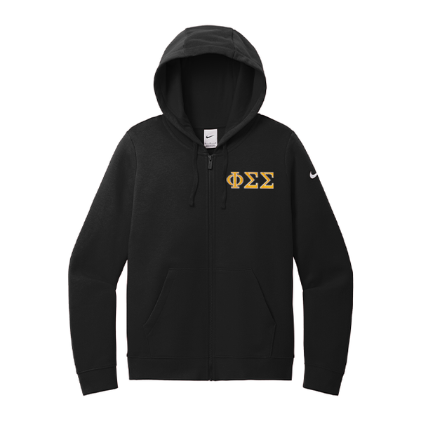 Phi Sigma Sigma Sorority embroidered Greek letters on a high quality Nike Ladies Club Fleece Sleeve Swoosh Full-Zip Hooded Sweatshirt