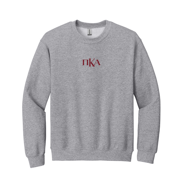 Represent your Pi Kappa Alpha brotherhood with this well-defined embroidered Gildan crewneck sweatshirt. It features your esteemed primary ΠΚΑ Greek letters embroidered on the center chest for a sharp and meaningful style. You have the choice of crewneck color, and Greek letter embroidery color.