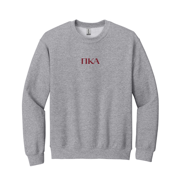 Represent your Pi Kappa Alpha brotherhood with this well-defined embroidered Gildan crewneck sweatshirt. It features your esteemed secondary ΠΚΑ Greek letters embroidered on the center chest for a sharp and meaningful style. You have the choice of crewneck color, and Greek letter embroidery color.