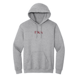 Represent your Pi Kappa Alpha brotherhood with this defined embroidered Gildan hoodie. It features your esteemed secondary ΠΚΑ Greek letters embroidered on the center chest for a sharp and meaningful presentation. You have the choice of hoodie color, and Greek letter embroidery color.