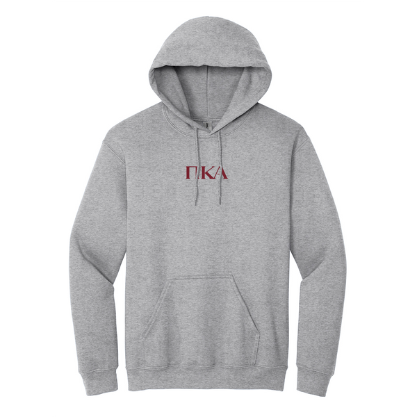Represent your Pi Kappa Alpha brotherhood with this defined embroidered Gildan hoodie. It features your esteemed secondary ΠΚΑ Greek letters embroidered on the center chest for a sharp and meaningful presentation. You have the choice of hoodie color, and Greek letter embroidery color.