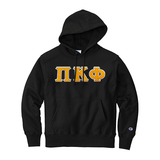 Pi Kappa Phi Fraternity Champion Reverse Weave Greek Letter Hooded Sweatshirt. Greek letters sewn on with satin stitching