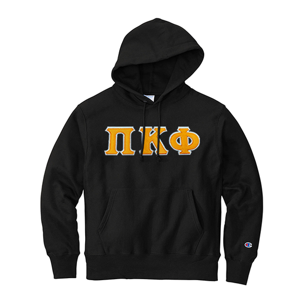Pi Kappa Phi Fraternity Champion Reverse Weave Greek Letter Hooded Sweatshirt. Greek letters sewn on with satin stitching