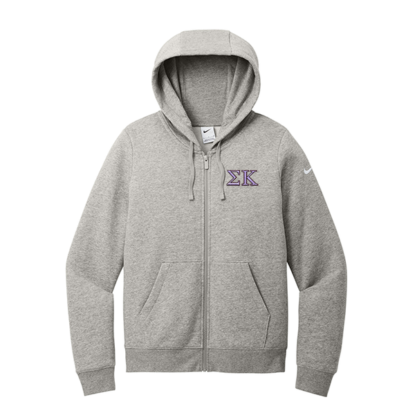 Sigma Kappa Sorority embroidered Greek letters on a high quality Nike Ladies Club Fleece Sleeve Swoosh Full-Zip Hooded Sweatshirt