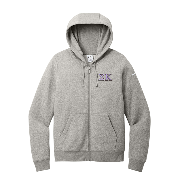 Sigma Kappa Sorority embroidered Greek letters on a high quality Nike Ladies Club Fleece Sleeve Swoosh Full-Zip Hooded Sweatshirt
