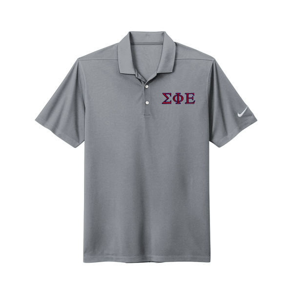 Wear your Sigma Phi Epsilon letters with distinction on this classic embroidered Nike polo. Your traditional ΣΦΕ Greek letters are finely embroidered on the left chest for a sharp and lasting look.