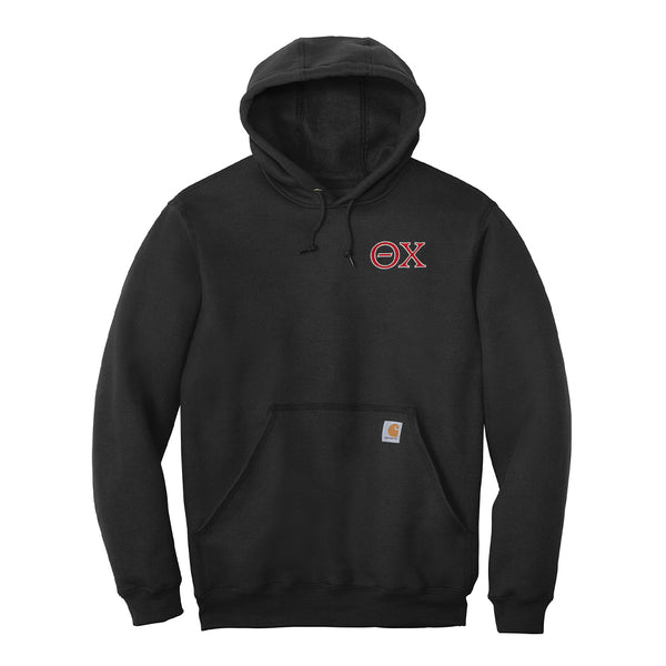 Represent your Theta Chi affiliation with this sharp Carhartt Midweight Hooded Sweatshirt, showcasing small embroidered Greek letters. Your distinguished Theta Chi Greek letters will be neatly embroidered for a polished look.