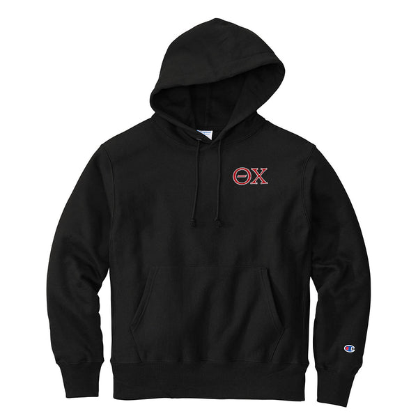 Represent your Theta Chi affiliation with this sharp Champion Reverse Weave Hooded Sweatshirt, showcasing small embroidered Greek letters. Your distinguished Theta Chi Greek letters will be neatly embroidered for a polished look.