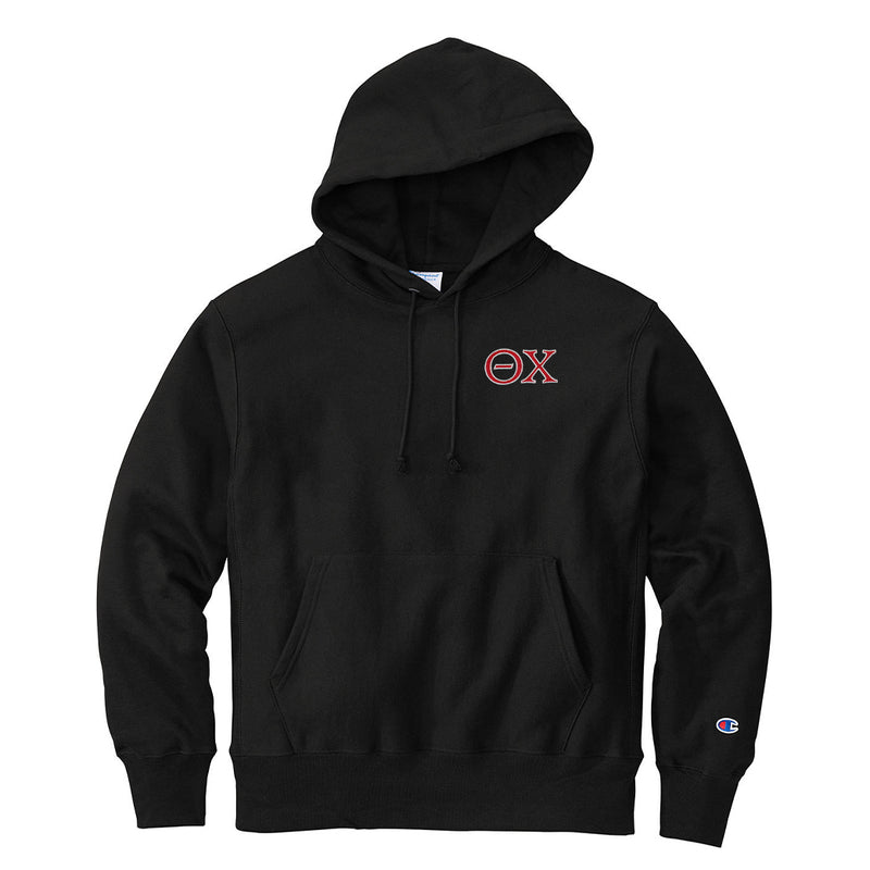 Represent your Theta Chi affiliation with this sharp Champion Reverse Weave Hooded Sweatshirt, showcasing small embroidered Greek letters. Your distinguished Theta Chi Greek letters will be neatly embroidered for a polished look.