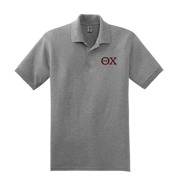Wear your Theta Chi letters on this refined embroidered Gildan polo. Your distinctive Theta Chi Greek letters are finely embroidered, offering a lasting and tasteful emblem of your fraternity.