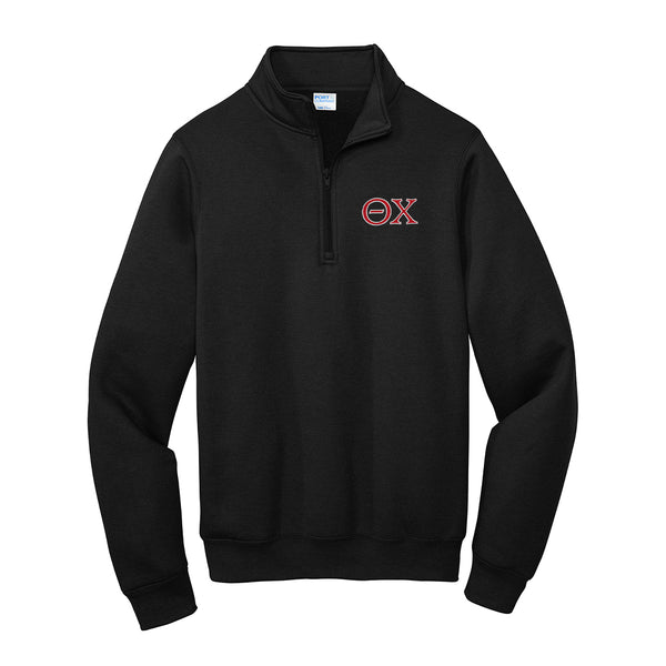 Represent your Theta Chi affiliation with this sharp Port &amp; Company Quarter Zip sweatshirt, showcasing classic embroidered Greek letters. Your distinguished Theta Chi Greek letters are neatly embroidered