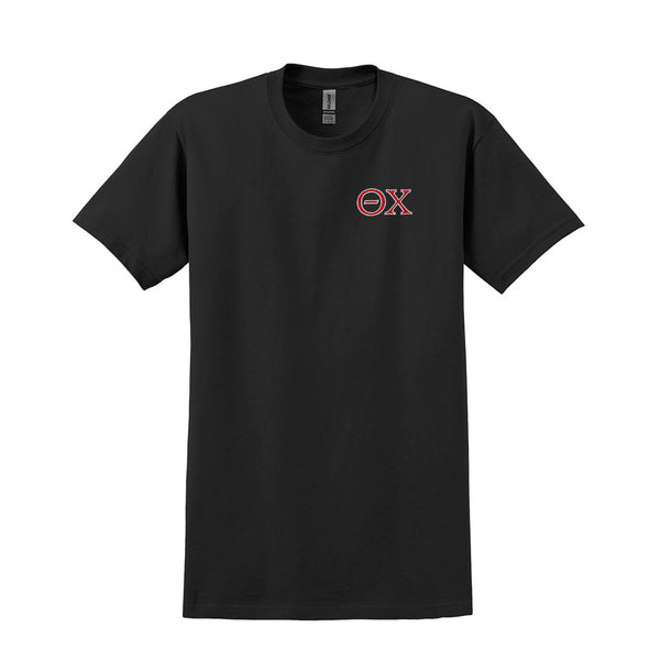 Wear your Theta Chi letters with character on this quality embroidered Gildan t-shirt. Your Theta Chi Greek letters are embroidered for a timeless and stylish look.