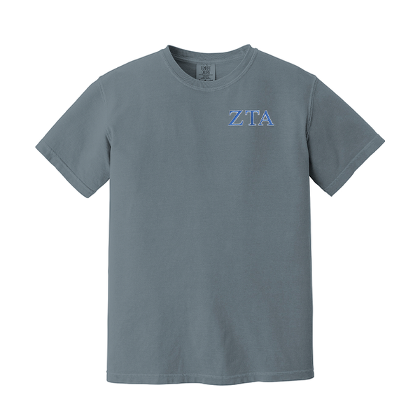 Zeta Tau Alpha Sorority Comfort Colors Embroidered Greek Letter T-shirt